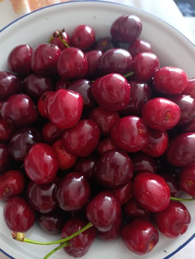 A close-up, overhead shot shows a white bowl filled with fresh cherries. The cherries are a deep red color, some with a glossy sheen, and a few have visible water droplets. The bowl has a blue rim and is placed on a surface that appears to be a white and orange patterned cloth, possibly a tablecloth. The lighting is bright, highlighting the plumpness and rich color of the fruit. The scene appears to be indoors, with no specific environmental details indicating a location in Rezina, Moldova.