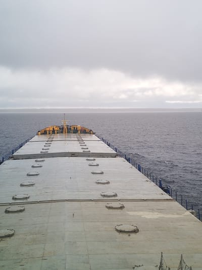 The image depicts a gray, overcast view from the deck of a cargo ship on the water. The deck is flat, wide, and covered with numerous circular access hatches. Along the sides are blue railings. The water is choppy and dark, stretching to the horizon where it meets a band of land obscured by haze. The sky is uniformly gray with low, heavy clouds. The location cannot be conclusively determined to be Malinukha, Russia from the image.