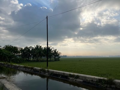 The image depicts an irrigation canal running in the foreground, with concrete retaining walls on either side. The water in the canal reflects the sky and surrounding vegetation. Beyond the canal, a lush green rice paddy stretches towards the horizon. A line of trees, including coconut trees and other tropical foliage, borders the left side of the rice field. A solitary utility pole stands in the middle ground, with overhead wires extending across the frame. The sky is filled with dramatic clouds, with shafts of sunlight breaking through in the upper left quadrant. In the far distance, a hazy horizon suggests a wide, open landscape. The scene is likely a rural area in Tambakreja, Indonesia, given the presence of rice paddies and tropical vegetation. There are no people clearly visible in the image, and no specific actions are taking place. The overall impression is one of a serene, agricultural landscape at dusk or dawn.