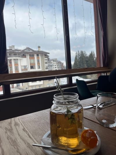 The image presents an indoor scene looking out through large windows onto the city of Stoikite, Bulgaria. In the foreground, a light-colored wooden table displays a clear glass jar filled with an amber liquid and containing a green herbal sprig, secured by a metallic clip. The jar rests on a white saucer with a folded white paper napkin and a silver spoon. To its right, an empty clear glass tumbler and a silver knife are positioned. An orange plastic cap lies overturned on the table near the jar. The windows, framed in dark brown, feature multiple vertically strung white string lights. Beyond the table and indoors, parts of dark green upholstered chairs are visible. The outdoor background reveals multiple multi-story buildings with pitched roofs, balconies, and mixed light-colored and wooden facades, characteristic of alpine architecture, some with snow on their roofs and ledges. To the right, a dense forest of evergreen trees covers hilly terrain, with visible snow patches. The sky is overcast with grey clouds.