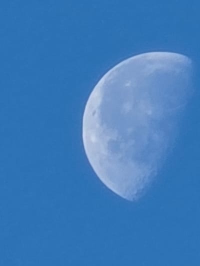 The image displays a first quarter moon positioned in the upper right quadrant against a clear, uniformly bright blue sky. The moon's right half is illuminated, revealing discernible surface features including darker maria and lighter, cratered areas, while the left half remains in shadow with a distinct straight terminator. No clouds, stars, or other celestial bodies are visible. The scene appears to be captured during daylight hours. The provided location, Mladá Boleslav, Czechia, cannot be verified from the visual content of the image.