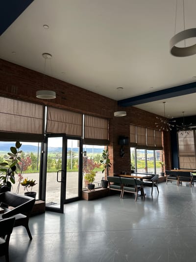 The image captures the interior of a commercial space, possibly a restaurant or cafe, in Marneuli, Georgia. The room features exposed brick walls on the right side, large windows with partially drawn blinds, and a gray concrete floor. Daylight floods the space through the windows, revealing a view of the surrounding landscape. Furniture includes tables and chairs, and potted plants are positioned near the windows. The ceiling is white with modern, minimalist lighting fixtures. The overall impression is of a modern, industrial-chic design aesthetic. There is no evidence of people in the scene.