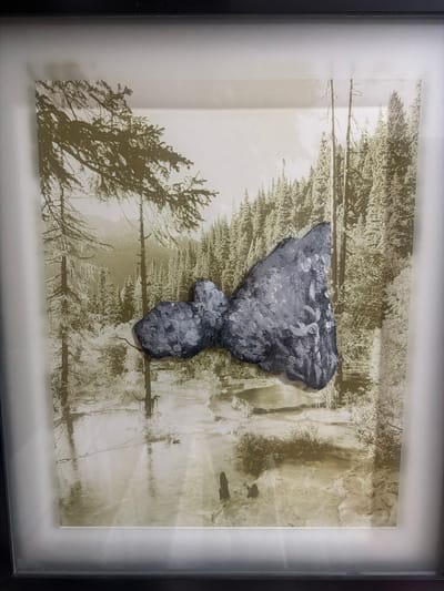The image displays a framed piece of art. The artwork consists of a sepia-toned photographic background depicting a forest scene with a body of water. Overlaid on the photograph is a grey, textured, abstract object, possibly a painted rock or sculpture, with a vaguely symmetrical, butterfly-like shape. The object has visible brushstrokes and variations in shading, with lighter grey and white accents. The background photograph shows dense evergreen trees, dead trees, and reflections in the water, suggesting a natural landscape. The framing appears to be a simple black frame with a white mat. There are no people or discernable elements that would relate to the city of Khyrdalan, Azerbaijan.