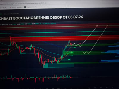 The image is a close-up, high-angle shot of a computer screen displaying a cryptocurrency trading chart, likely for ETH/USD. The chart features candlestick patterns, moving average lines in blue, orange, and teal, and red and green horizontal zones indicating resistance and support levels. Several white arrows point upwards, suggesting an upward trend prediction. Text overlays on the screen include "КВАЕТ ВОССТАНОВЛЕНИЕ! ОБЗОР ОТ 05.07.26" (likely meaning "Revival! Review from 05.07.26"), and numerical data related to price, open, high, low, and close values. Volume bars are visible at the bottom of the chart. The browser tab at the top shows a URL related to charting and cryptocurrency. There are no people, animals, or objects outside of the computer screen visible in the image. The background is dark. The image is not a depiction of the city of Užuežerė, Lithuania, nor does it contain any elements that would suggest a specific geographic location.
