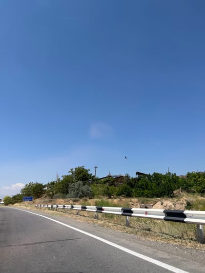The image shows a rural road with a guardrail on the right side. A blue sign with white text is visible on the left side of the road, indicating directions to Zangakatun and Yerevan. The road is asphalt with a white line marking the edge. Beyond the road, there is a grassy embankment with trees and some buildings on top. The sky is clear and blue. A bird is flying in the distance. The scene appears to be a view from a moving vehicle.
