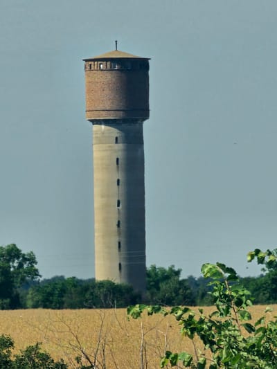 A tall, cylindrical water tower stands prominently against a pale blue sky. The tower has a concrete shaft with evenly spaced, small, rectangular windows. The top of the tower is capped with a wider, circular section constructed of red brick, and topped with a conical roof with a weather vane. The tower is surrounded by greenery and a field of dry, golden vegetation, suggesting a rural or semi-rural setting. In the distance, trees form a dense line, and the sky is clear with a few faint white specks that could be birds or distant aircraft. There are no people or animals visible in the immediate vicinity of the tower. The overall impression is one of a solitary, functional structure within a natural landscape.