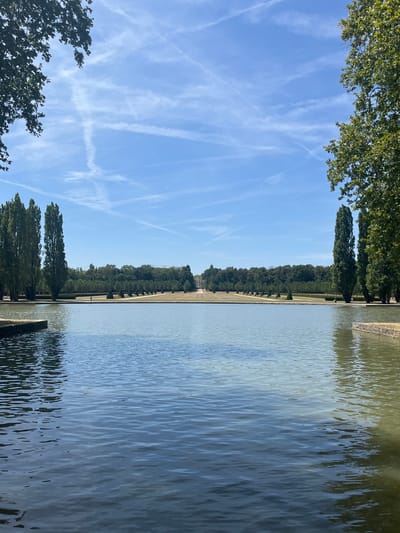 This image captures a serene view of a large pond in the Parc de Sceaux, located in Châtenay-Malabry, France. The foreground is dominated by the calm, rippling surface of the pond, reflecting the blue sky with scattered white clouds. The water's surface exhibits subtle variations in color and texture, with darker tones towards the bottom of the frame and lighter, clearer areas towards the edges.
The midground of the image showcases a meticulously manicured garden stretching towards a distant building. A line of evenly spaced trees forms a symmetrical border along a pathway, leading the eye towards the central structure. Conical topiary bushes punctuate the landscape at regular intervals, adding to the formal garden design. A single, solitary figure is visible walking along the pathway in the midground.
The background features a dense line of trees, creating a natural backdrop for the formal gardens. Beyond the trees, the sky is a vibrant blue, crisscrossed with thin white contrails, suggesting the passage of aircraft. On the far left and right edges of the frame, the lush green foliage of large trees frames the scene, providing a sense of depth and enclosure. The overall impression is one of tranquility and ordered natural beauty.