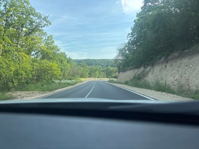 The image depicts a paved asphalt road winding through a densely forested, hilly landscape under a bright, partly cloudy blue sky, captured from the interior of a vehicle looking forward through the windshield. The scene is located in the vicinity of Batovo, Bulgaria.
The road features clear white markings: a solid line defining the right shoulder and a dashed line separating the lanes, indicating a single lane in each direction. The road curves sharply to the left in the mid-ground. Traffic signage is present on the right side of the road, including a circular red sign with a white "30" (denoting a 30 km/h speed limit) and a series of white chevron arrows on red rectangular signs indicating the sharp left turn ahead.
On the left side, dense green deciduous trees and undergrowth border the road, with some small white flowering plants visible on the unpaved shoulder. A red and white reflective marker post is discernible on the left shoulder before the curve. On the right side, the road is bordered by a steep, light brown earthen embankment that transitions into dense green forest. Distant forested hills are visible beneath the horizon.
The vehicle's dark gray dashboard is visible across the bottom of the frame, indicating the perspective. No people, animals, or other vehicles are visible within the frame. The lighting suggests daytime, possibly late morning or early afternoon, with clear visibility. The road appears recently paved or well-maintained.
