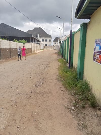 The image shows a dirt road in Ovwian, Nigeria (latitude: 5.485, longitude: 5.806). There are two people walking away from the camera in the middle of the road. The person in front is wearing a pink shirt and the person behind them is wearing a blue shirt. The road is lined with walls on both sides. There are buildings in the distance on the left side of the road. The wall on the right side of the road is painted yellow and green. There is a sign on the wall that says "FREE FOR SALES ONLY." There is a cloud-covered sky and a few trees on the left side of the road. The ground is covered in dirt and there is some grass growing next to the wall on the right. There are streetlights on the road and a few wires overhead.