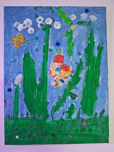 This is a painting of an underwater scene. The painting is done on canvas and depicts green reeds and blue water. There are also some white and yellow flowers at the top of the painting. In the center of the painting, there is a red and orange flower with some yellow and blue accents. There are also some small blue and red squares scattered throughout the painting, which appear to be decorative elements. The painting is hanging on a white wall.
