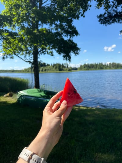 A slice of watermelon is held by a person's hand in the foreground, with a body of water and a lush green tree in the background. The scene appears to be set in Lendži, Latvia, given the presence of boats near the water and the characteristic landscape of the region. The sky is a clear blue with a few scattered clouds, suggesting a pleasant day. The person is wearing a white wristwatch on their left wrist. Two green boats are visible, overturned on the grass near the water's edge. The overall impression is one of a peaceful outdoor setting, likely a park or recreational area by a lake.