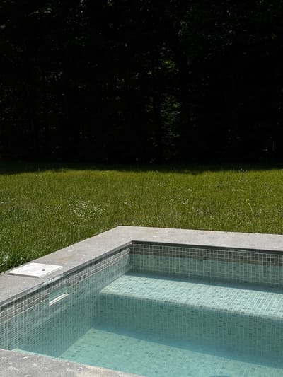 In Bakovići, Montenegro, a small, rectangular swimming pool is set into a stone patio. The pool is tiled with small, light blue-green squares, and the water is a clear, pale turquoise. Steps made of the same tiled material descend into the pool. The edge of the pool is lined with grey stone. Beyond the pool, a lush green lawn stretches towards a dense, dark forest. The overall scene is one of serene, natural beauty.