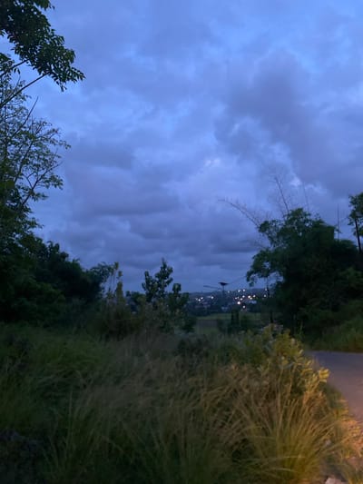 The image shows an outdoor scene at dusk in Meunasahteungkudigadong, Indonesia. The sky is filled with dark, layered clouds. The foreground is dominated by trees and bushes, partially obscuring a distant view of lights that likely indicate buildings or streetlights. The image is slightly rotated counter-clockwise.