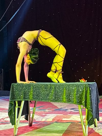 A female acrobat, wearing a purple and gold costume with yellow-green tights and leg wraps, performs a backbend while grasping the side of a glittery green structure with her hands. The structure is placed in front of a colorful, patterned backdrop with red, white, green, and blue elements. The background is dark with pinpoints of light that resemble stars. A thin cable is visible in the lower left corner. A single spotlight shines on the acrobat. The location is in Tejalpa, Mexico.