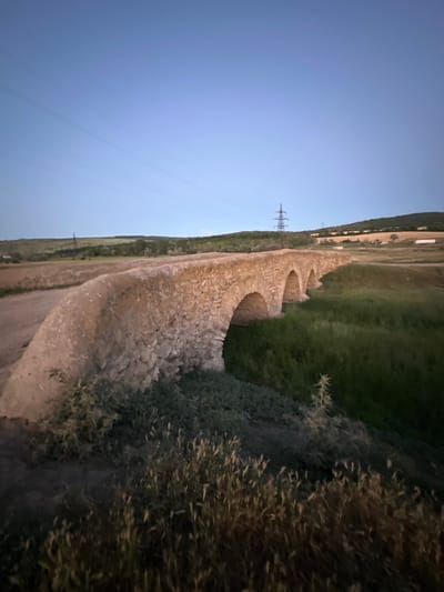 The image depicts an ancient stone aqueduct situated in a rural landscape. The aqueduct, constructed from roughly cut stones, features several arches that traverse the terrain. To the right of the aqueduct, lush green grass and dried vegetation are visible, suggesting a natural environment. In the background, a power line tower stands tall against a clear blue sky, indicating the presence of modern infrastructure amidst historical structures. The scene appears to be a landscape view, possibly taken during the golden hour or at dusk, given the soft lighting and the clear sky. There are no people or animals visible in the image, and no text is present. The location context provided is Filipeni, Moldova, which aligns with the rural and historical nature of the scene.