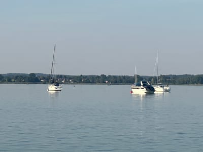 The image shows a body of water with three boats. On the left, a white sailboat with its mast is anchored. In the center, two motorboats are docked side-by-side. The boat on the left is white with a dark blue canopy, and the boat on the right is also white. The background consists of a tree line with houses and a clear sky. The scene appears to be a tranquil summer day in Gstadt am Chiemsee, Germany.