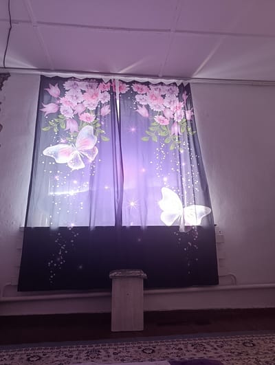 The image shows a window covered by sheer purple curtains adorned with a floral and butterfly pattern. The curtains are illuminated from behind, creating a glowing effect on the design. The room appears to be sparsely furnished. In the foreground, a worn, light-colored object, possibly a stool or a small table, is visible. The floor is covered with a patterned rug. The walls are painted white and show some signs of wear. The ceiling is a pale color and has visible seams. The overall lighting in the room is dim and has a purple tint, likely due to the curtain's color and the light source. No people are present in the image. The location is identified as Қақпатас, Kazakhstan.