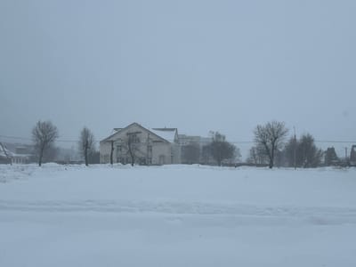 The image depicts a snow-covered winter landscape in Большевик, Russia, under an overcast sky. In the foreground, an expansive, flat area is blanketed in deep snow, showing some indistinct tracks or disturbances at the bottom edge. In the midground, a line of bare deciduous trees with visible branches stands between the foreground snow and the distant structures. To the left-center, a light-colored, two-story building with a prominent pitched roof and decorative window frames is visible. Further back and to the right of this building, a larger, flatter-roofed structure is partially obscured, displaying Cyrillic text "СПОРТА" (SPORT) on its facade. Additional bare trees and indistinct structures are present towards the right side of the background. The environment is uniformly covered in snow, indicating cold weather conditions, and no individuals or active elements are visible.