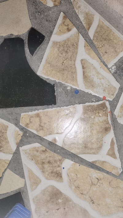 The image depicts a close-up view of a broken tile mosaic floor, likely an outdoor surface given the presence of some dust and debris. The mosaic consists of irregularly shaped pieces of stone-like tiles in shades of beige and cream, interspersed with dark gray grout lines. Some of the tiles show a textured, speckled pattern. A large, irregular piece of black material is also visible, possibly a broken tile or a different type of surfacing. Small flecks of blue and red paint are scattered on the surface, suggesting recent activity or accidental spills. In the lower left corner, a portion of a blue plastic object, possibly a container or tool, is visible. The overall impression is one of disrepair and a weathered urban environment.

This scene could be located in Kipala Mpakani, Tanzania, where such mosaic flooring might be found in public areas, marketplaces, or residential courtyards, reflecting local construction and decorative styles.