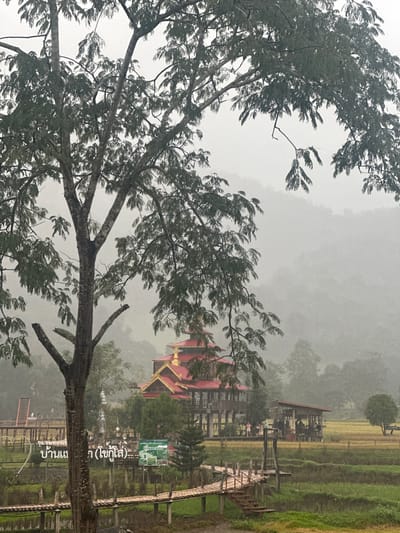 The scene depicts a misty, rural landscape within Ban Paem Bok, Thailand. In the foreground, a large tree with prominent branches and dense green foliage partially frames the left side of the image. A raised wooden walkway, constructed with bamboo, traverses green and yellowish rice paddies, extending from the lower left towards the mid-ground. Several individuals are visible on this walkway.
Beyond the walkway, a multi-tiered building with a distinctive red roof and gold-colored embellishments stands as a central subject. Its architectural style suggests a traditional Thai temple or ornate structure. To the right of this main building, an open-sided wooden structure with a dark roof contains multiple individuals, some standing, some seated, engaged in various activities. A white heart-shaped decoration and a tall white statue are visible near a sign displaying Thai text, specifically "บ้านแพม (โขกู้โส)", located beside the walkway in the mid-ground. Another individual is present on a distant red elevated structure on the far left. The background consists of mountains or hills heavily obscured by mist or fog. The overall lighting is soft and diffused, indicative of overcast or foggy atmospheric conditions.