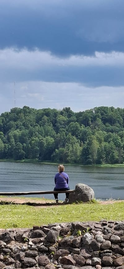The image captures a serene outdoor scene with a person sitting on a wooden bench overlooking a body of water. The person, viewed from behind, is wearing a purple long-sleeved shirt and dark pants, with blonde hair visible. They are seated on a rustic wooden bench, supported by a large rock on the right side. The bench is positioned on a grassy area, bordered by a low wall made of various sized stones in the foreground.
In the background, a dense, lush green forest stretches along the opposite bank of the water, with a prominent radio tower rising above the trees on the left. The sky above is cloudy with dramatic, dark formations, suggesting an overcast or approaching storm. The water surface reflects the cloudy sky and the surrounding greenery.
This scene is located at the Viljandi Castle Ruins in Viljandi, Estonia, a historical site known for its picturesque views of the lake and surrounding landscape.