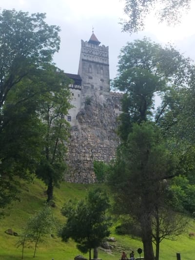 The image depicts Bran Castle, also known as Dracula's Castle, perched atop a rocky outcrop in Predeluț, Romania. The castle, constructed of stone, features a prominent square tower with a red-tiled roof and crenellated battlements. It is surrounded by dense green foliage, with large trees framing the foreground and obscuring parts of the structure. A steep, grassy hillside slopes down from the castle, dotted with scattered trees and rocks. In the lower right of the image, two individuals are seated on a bench in a park-like setting, indicating the presence of visitors. The sky is overcast, casting a diffused light over the scene.