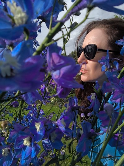The image shows a close-up view of a woman wearing black sunglasses, looking off to the side. She is surrounded by vibrant blue and purple delphinium flowers. The background is slightly blurred, showing a grassy area and a cloudy sky. The scene appears to be outdoors, possibly in a garden, and the lighting suggests it is daytime. The specific location in the city of Vecumnieki, Latvia is not discernible from the image itself.