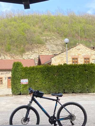The image shows a bicycle parked on a paved surface in the vicinity of buildings in Pchelishte, Bulgaria. The bicycle is a black and blue mountain bike, positioned vertically in the frame. A building with a stone facade, windows with brown frames, and a red tiled roof is visible in the background. There is also a green hedge or bush between the bike and the building. A sign with text in Bulgarian can be seen near the hedge. A wooded hillside is present on the left side of the frame, with trees showing the early stages of spring foliage. A streetlight is positioned near the building and hillside.