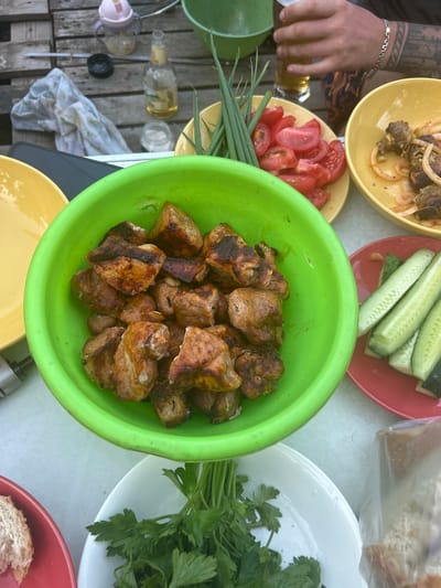 This media file depicts an outdoor meal with several dishes spread across a wooden surface. The subjects include a person's tattooed arm and hand, along with various food items and serving dishes.
The food consists of grilled meat chunks in a vibrant green bowl, sliced tomatoes and green onions in a yellow bowl, sliced cucumbers on a red plate, and what appears to be bread in a plastic bag on a white plate, accompanied by a bunch of fresh parsley. There are also two glass bottles, one containing a golden liquid, and a small jar with a white lid. The scene suggests a casual gathering or picnic.
The setting is outdoors, with a wooden table or deck visible beneath the dishes. The lighting suggests daytime, possibly late afternoon or early evening, with a slightly overcast or diffused natural light. The overall mood is relaxed and convivial, typical of a shared meal.
There is no visible text in the image. The mention of "Prokhladny, Russia" provides geographical context for this scene.