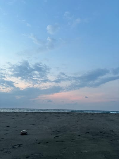 The image presents a serene landscape photograph of a beach scene at either dawn or dusk, taken from a low perspective looking out towards the horizon. The composition is horizontally divided into two main sections: the vast sky above and the beach and ocean below.
The sky, dominating the upper two-thirds of the frame, exhibits a beautiful color gradient. On the left, it transitions from a clear, light blue to warmer, softer pink and orange tones towards the right, especially near the horizon. Scattered, wispy clouds are distributed across the sky, with a more substantial, elongated band of greyish clouds stretching horizontally through the mid-section, adding texture and depth.
A thin strip of ocean marks the horizon on the right side of the image, where gentle waves can be seen approaching the shore, with faint white foam visible. The beach, which makes up the lower third of the frame, features dark, possibly volcanic sand. Numerous footprints are visible on the sand, indicating recent human presence, though no individuals are currently in the shot. In the lower right quadrant of the sandy beach, a single, dark, round object, resembling a coconut or a smooth stone, rests on the sand.
The lighting and colors strongly suggest either a sunrise or sunset, creating a calm and contemplative atmosphere. There is no specific activity taking place, and no discernible text is visible anywhere in the image. The presence of dark sand and a coconut aligns with the provided location context of Angkleng Barat, Indonesia.