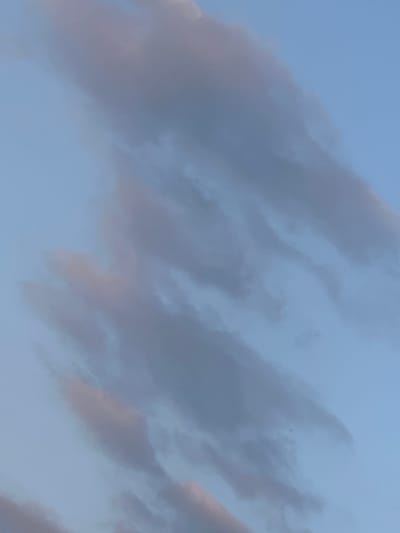 This is a close-up, slightly hazy, vertical-format photograph of clouds against a clear blue sky. The clouds are wispy and streaky, with a range of grays and subtle pinkish-orange tones, suggesting it might be near sunrise or sunset. There are no discernible structures, people, or animals. The image appears to be an abstract study of atmospheric conditions. The location in Samshvilde, Georgia, is not visually indicated in the photograph.