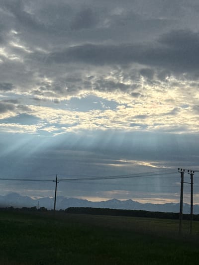 The image shows a cloudy sky with sunbeams breaking through the clouds, illuminating a landscape that includes a field, power lines, and distant mountains. The field in the foreground is dark green and appears to be covered in grass or low-lying vegetation. Two power poles with multiple wires are visible, running horizontally across the mid-ground. Behind the field and power lines, a dark line of trees or dense foliage borders a range of mountains in the background, which are capped with snow. The sky is filled with layers of clouds, some dark and heavy, others lighter and tinged with the light of the sun filtering through. This scene is located in the vicinity of Кеткино, Russia, based on the provided context. There are no people or animals visible in the image.