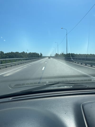 The image shows a view from inside a vehicle, looking out at a highway in Zasur'e, Russia. The perspective is from the passenger side, with a significant portion of the dashboard or interior trim visible on the right. The highway stretches into the distance, with white lane markings clearly visible on the asphalt. On the left side of the highway, there is a line of trees, indicating a rural or semi-rural setting. In the sky, several lampposts can be seen along the side of the road. The sky is a clear, bright blue, suggesting it is daytime, likely mid-morning or afternoon due to the quality of light. There are no people visible in the image. The overall scene depicts travel on an open road under clear skies. The texture of the vehicle's interior is detailed, showing the grain of the plastic material. The image is oriented vertically, with the highway running from the bottom to the top of the frame.