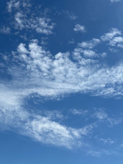 The image is a sky view with blue sky and white clouds. There are no people, subjects, or objects depicted in the image. The environment is an open sky with scattered clouds. The image does not provide any information that would allow for the determination of its location in the city of Primorsko-Akhtarsk, Russia.