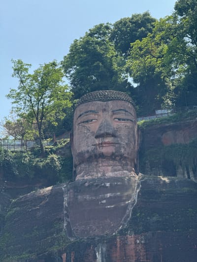 The image shows the Leshan Giant Buddha in Shizhong, China. The head and upper body of the stone-carved Buddha are visible, flanked by trees. The Buddha's facial features, including closed eyes and a gentle smile, are discernible. The rough texture of the carved stone, along with signs of weathering, are evident. A walkway with railings, likely for tourists, can be seen along the cliff face next to the Buddha. The sky appears clear and blue in the lower left corner.