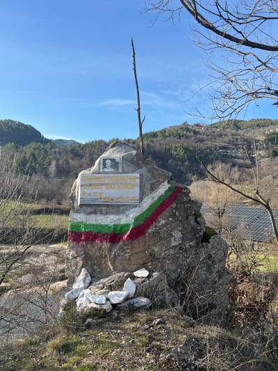 The image displays a monument in Stoianovo, Bulgaria, under a clear blue sky. The central subject is a large, irregularly shaped gray rock, approximately two meters in height. Affixed to its upper front face is a rectangular plaque featuring a black-and-white portrait of a man wearing a helmet and Cyrillic text that translates to "First Operator - First 'White Spring' - Radi Omarov." Below this plaque, a horizontal painted band on the rock shows the colors white, green, and red, arranged from top to bottom, representing the Bulgarian flag. A long, thin, weathered wooden branch is embedded vertically into the top of the rock. At the base of the monument, several angular white stone fragments are scattered on the ground. To the immediate left, a body of water is partially visible, obscured by bare branches. The background features rolling hills densely covered with deciduous and evergreen trees, with some structures visible on distant slopes. To the right, a large array of solar panels is visible on a terraced hillside. The foreground and mid-ground are characterized by sparse, dry, bare vegetation and tree branches, indicative of a colder season.