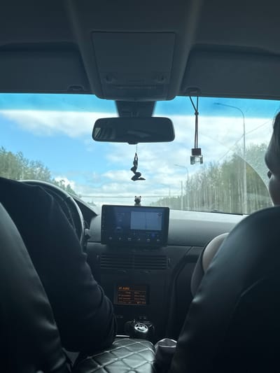 The image shows the interior of a car, likely in or near Didino, Russia. The perspective is from the passenger seat looking forward, with the dashboard and windshield visible. The driver's arm and hand are on the steering wheel, which has "Opel" visible on it. A car navigation system is mounted on the dashboard, displaying a map and information. A rearview mirror is hanging from the windshield, with a black hanging ornament and a small figurine on it. The sky outside is visible through the windshield, with clouds and trees lining the road. The scene appears to be a road trip or commute.