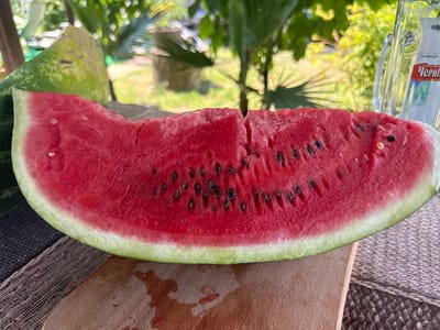 A sliced watermelon is on a wooden cutting board, which is placed on a woven placemat. The watermelon is bright red with black seeds and a green rind. In the background, there are green leaves and trees, suggesting an outdoor setting. A glass bottle with a label that reads "Черніг" (Chernihiv) is visible to the right of the watermelon. The scene appears to be in Serhiivka, Ukraine, given the bottle's branding.