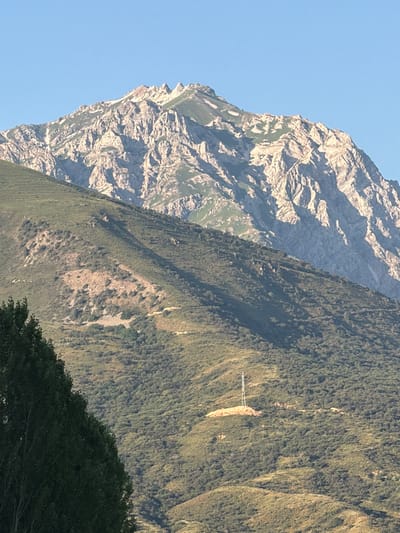 A towering, rocky mountain range dominates the background of this image, its peaks catching the sunlight and casting deep shadows. The slopes of the mountain are covered in patches of green vegetation, with snow visible on some of the higher elevations. In the middle ground, a smaller, tree-covered hill slopes downward. A solitary telecommunications tower stands on the crest of this hill, its white structure a stark contrast against the green and brown landscape. In the foreground, the dark green foliage of trees partially obscures the view. The sky above is a clear, pale blue. The location is specified as Brichmulla, Uzbekistan.