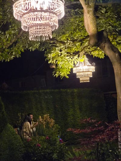 In the city of Bettembourg, Luxembourg, an outdoor scene unfolds at night, illuminated by chandeliers hanging from tree branches. The main chandelier, a multi-tiered crystal fixture, dangles from the upper left of the frame, its ornate design catching the light. Another similar chandelier is visible further to the right, suspended from a different tree. The surrounding foliage, including lush green leaves and branches, frames the chandeliers, creating an enchanting ambiance. In the lower portion of the image, a couple stands amidst dense greenery, partially obscured by the plants. The woman, wearing a light-colored dress, is looking towards the man, who is dressed in white and appears to be speaking. They are surrounded by flowers, some with delicate pink blooms and others with dried, light-brown petals, adding to the natural setting. The background is dark, suggesting a nighttime setting, with hints of buildings and structures faintly visible through the trees. A dark, dense hedge runs across the middle ground, creating a visual separation between the foreground and the background. The overall impression is one of a magical and intimate gathering in a garden setting.
