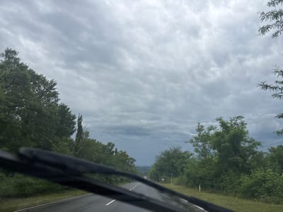 An over-the-shoulder shot from a vehicle's interior shows a wet asphalt road leading into the distance, flanked by lush green trees on both sides. The sky is overcast with a layer of grey clouds, suggesting a rainy or stormy day. The road has a white dashed line marking the center. The foreground features the dark rubber blades of windshield wipers. In the distance, there appears to be a signpost on the right side of the road and some faint shapes of trees and possibly hills. The scene captures a moment on a road in Samtredia, Georgia, under a moody sky.