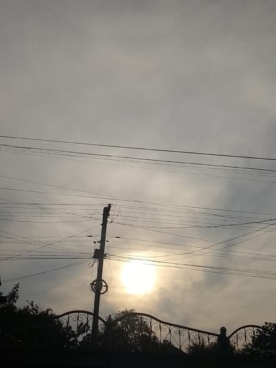 The media file depicts a silhouetted view of utility poles and overhead wires against a hazy, overcast sky, with the sun partially visible and diffused by the clouds. The sun appears to be low in the sky, suggesting either dawn or dusk. In the foreground, the tops of dark trees and a decorative wrought-iron fence are visible, also in silhouette. The overall mood is somewhat muted due to the overcast conditions and the lack of clear detail in the sky. No people are visible in the image. The scene is characteristic of an urban or semi-urban environment with overhead electrical infrastructure, common in many locations, including Vulcănești, Moldova. The time of day is likely early morning or late afternoon, indicated by the soft, diffused sunlight. The weather appears to be cloudy or hazy. There is no visible text in the image.