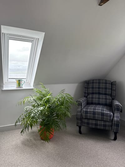 The image captures an interior scene, likely a cozy room or attic space, characterized by a light grey sloped wall and matching carpet. In the upper right, a comfortable-looking armchair upholstered in a grey and white plaid (tartan) fabric with dark legs is positioned against the wall.

Towards the lower left, a white-framed window allows diffuse daylight to illuminate the room. The view outside is bright but indistinct, possibly suggesting an overcast sky or rainy weather, with some visible streaking on the glass. A small, decorative mug or mini planter with a colorful fish pattern (yellow, green, and blue) hangs from the top right portion of the window frame.

Below the armchair and near the window, a vibrant green houseplant with long, slender leaves, possibly a parlor palm, thrives in a terracotta-colored pot on the carpet. A rustic wooden beam is visible protruding from the top left corner of the white wall, further hinting at the structural elements of the room.

The scene is static, with no human presence or activity. The overall impression is one of quietude and comfort, typical of a personal retreat. The soft light indicates it is daytime. There is no visible text in the image. The setting is identified as Sconser, United Kingdom.