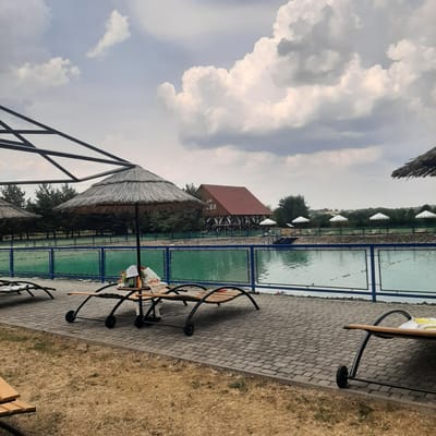 This image depicts an outdoor swimming area at a resort or recreational facility, potentially located in Dubrivka, Ukraine. In the foreground, a paved walkway is lined with several empty lounge chairs, some equipped with wheels. A thatched umbrella shades a table laden with personal belongings, including a white hat and plastic bags. The walkway borders a bright turquoise pool surrounded by a blue fence with green netting. Beyond the pool, a long building with a reddish-brown roof is visible, featuring open-air seating areas with white curtains. In the background, a line of evergreen trees separates the pool area from a gently rolling landscape dotted with houses and more trees under a cloudy sky. The overall scene suggests a calm, recreational environment.