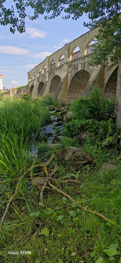 This image captures a view of the Pakruojis Manor aqueduct in Lithuania. The aqueduct, constructed of light-colored brick and stone, features a series of arches and a decorative railing along its top. Below the aqueduct, a shallow stream flows over rocks and is bordered by lush green grass and dense vegetation. The foreground is dominated by tall grasses and fallen branches, with some moss visible on the rocks. The sky above is blue with scattered clouds, and the leaves of a tree hang down from the upper left corner. The bottom of the image displays a watermark reading "Galaxy S23 FE."