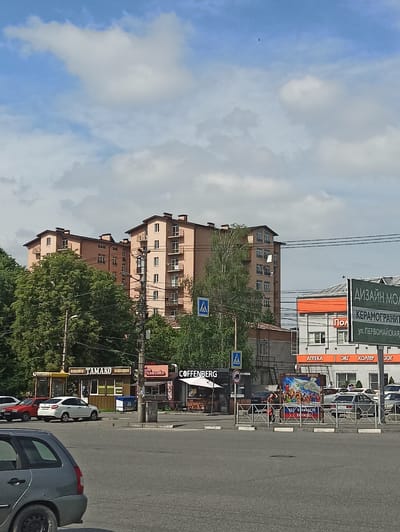 This image depicts a street scene in Verkhnii Lars, Russia, on a cloudy day. In the background, there are multi-story apartment buildings and a large billboard. In the mid-ground, various businesses are visible, including a "Tamako" kiosk, a coffee shop named "CoffenberG," and an "Apteka" (pharmacy). Several cars are parked or driving on the street. In the foreground, a gray car is parked on the right side of the road, and a white car is parked to its left. The street appears to be an intersection with pedestrian crossings. There are also power lines and streetlights visible throughout the scene.