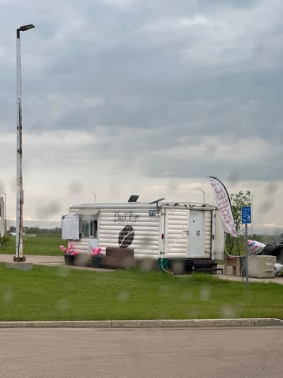 The image shows a white food truck with the name "Dark Kiss Coffee & More" written on its side. The truck is parked on a grassy area next to a paved road. There are pink flowers in planters next to the truck. A flag with the word "COFFEE" is displayed. A sign above the truck reads "IT'S THE LAW CLEAN UP AFTER YOUR DOG". There are menu boards attached to the truck. The sky is cloudy and overcast. A tall metal pole with a light fixture is visible in the foreground. The image appears to have been taken during the day, possibly on a cloudy or overcast day.