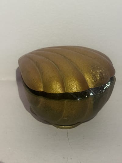 This media file depicts a close-up, overhead view of a golden, ribbed object resting on a plain, off-white surface. The object resembles a seed pod or a stylized fruit, with distinct grooves running along its exterior. A dark, reflective line splits the object vertically down its center, revealing a glimpse of a darker interior. There is a small, embossed symbol on the left half of the object, which appears to be a stylized animal or crest, possibly an emblem or maker's mark. The lighting suggests an indoor setting, casting subtle shadows. There is no discernible text within the image. The context provided indicates the location is Lobacheve, Ukraine.
