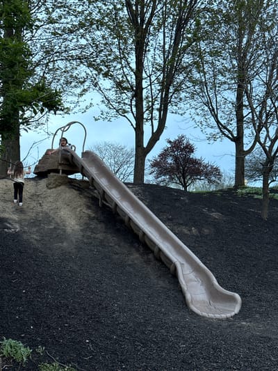 A slide is prominently positioned on a black rubber surface, likely at a playground. Two individuals are visible: one at the top of the slide and another standing below, possibly holding a stick. Trees surround the area, with some having foliage and others without. The scene is set against a pale blue sky. The location is likely a public park in Grove City, USA.