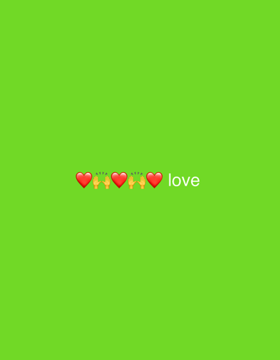 A bright green background features a horizontal line of emojis and text positioned centrally near the bottom of the frame. The emojis consist of three red hearts interspersed with two pairs of open hands, palms facing forward, with radiating lines above them, suggesting a clapping or celebratory gesture. To the right of these emojis is the white text "love". There are no discernible elements related to the city of Коробицыно, Russia, in this image.